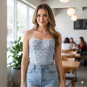 J.ING Jing Blue Boned Bodice Camisole Corset Top Size L NWT